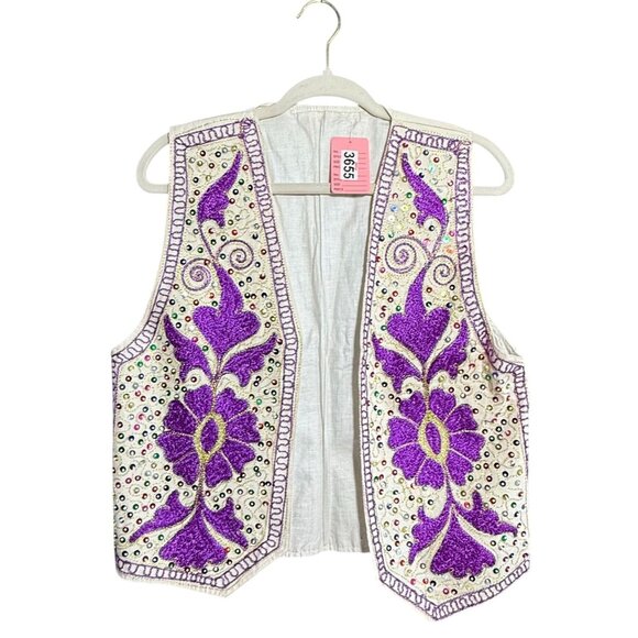 Embroidered Sequins Open Front Jacket Vest Unisex Cream Purple Sleeveless - Picture 1 of 7